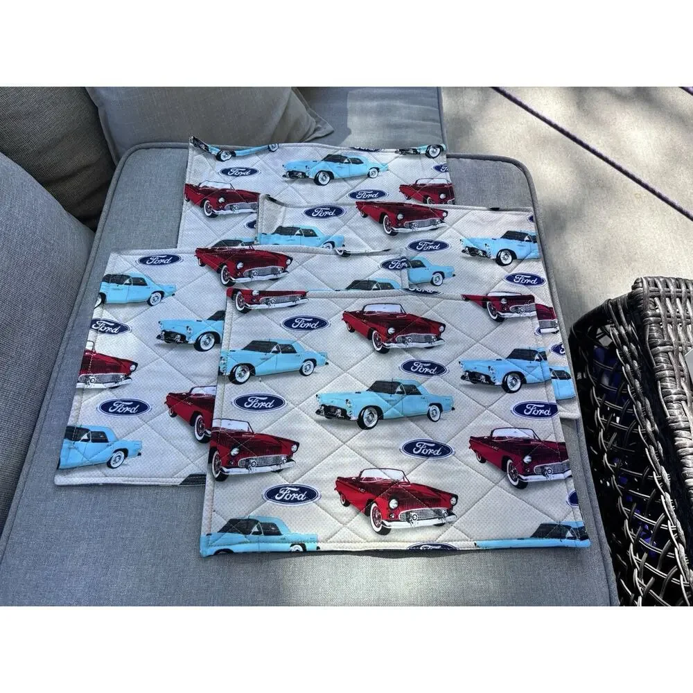 4 Vintage Ford Placemats Reversible Quilted T-Bird Thunderbird Fabric